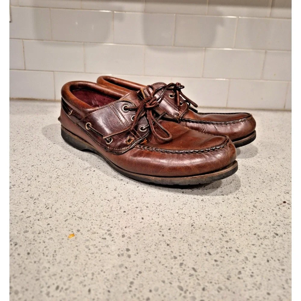 ECCO Shoes Mens 10.5 Casual Boat Brown Leather Lace Up Low Moc Toe Slip On